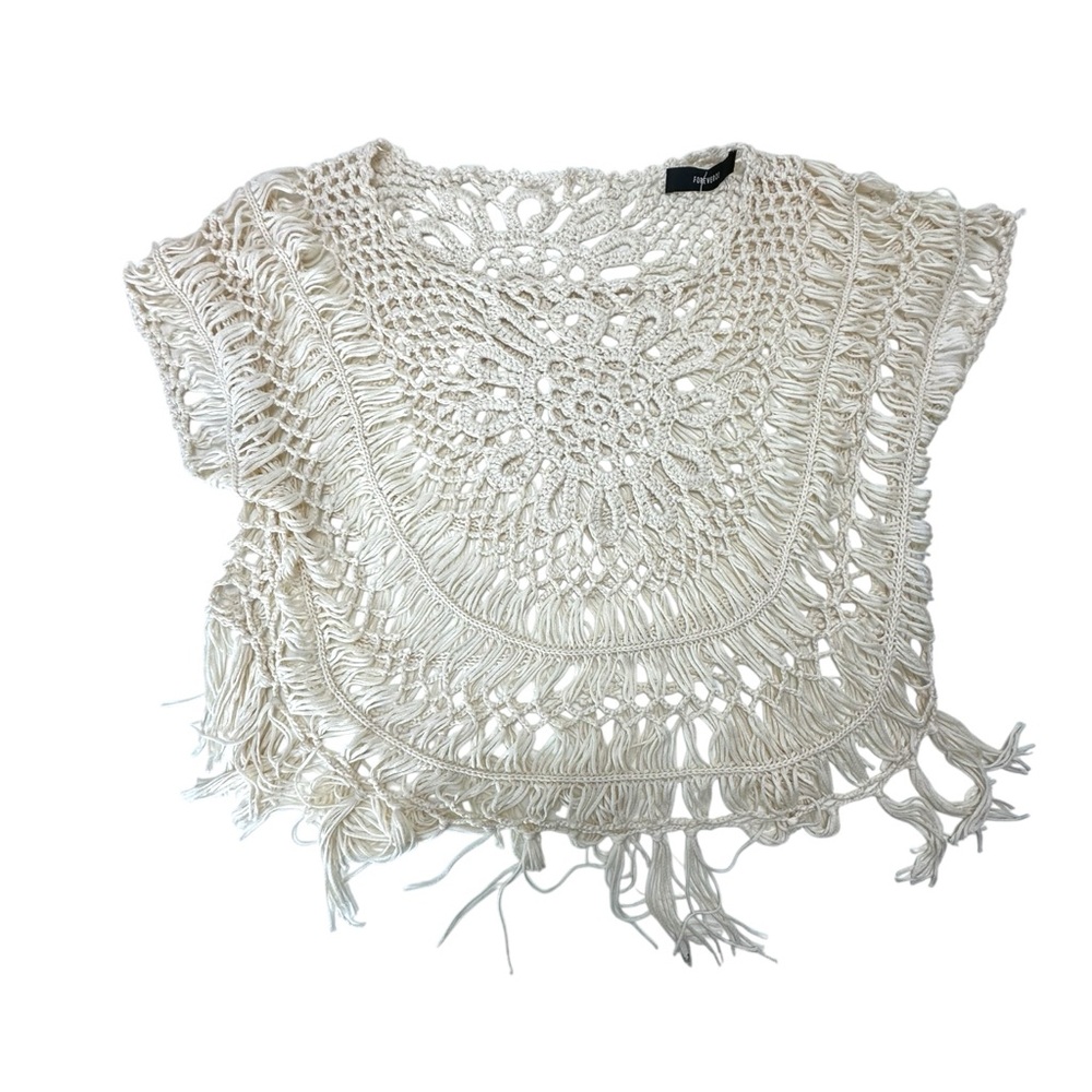 Forever21 Crochet Top Beach Cover Up Cream Fringe Poncho Crochet Shirt Summer - Picture 10 of 13